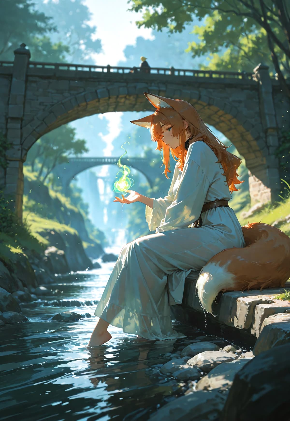 印象派風の光と狐耳少女が融合するシネマティックアニメアート - Stable Diffusion AI生成画像