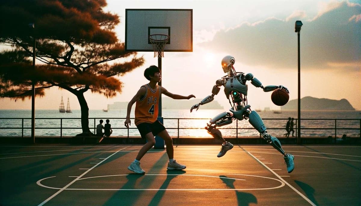 夕陽の下で日本人男性とサイボーグがバスケをする。海と秋の木々 DALL-E 3 AI 生成画像