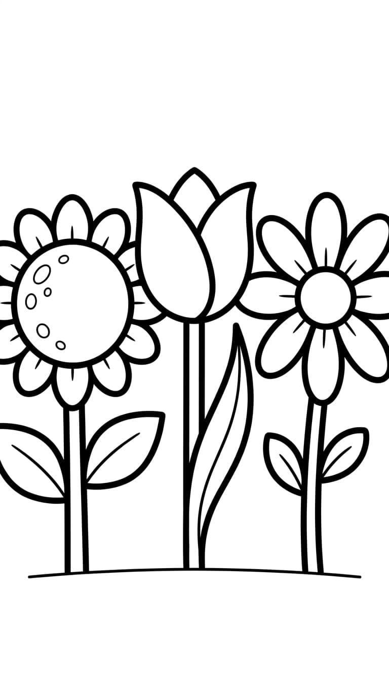 向日葵・チューリップ・雛菊を太い線で描いた高齢者向け塗り絵線画。介護レクリエーション用、純白背景に超太線のみ。