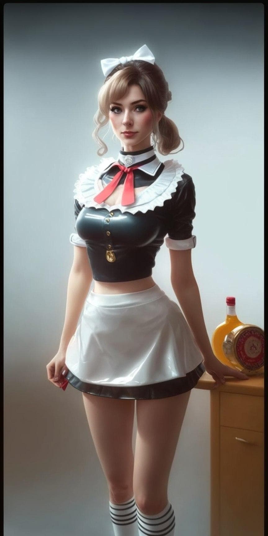黒と白のメイド衣装を身に纏う女性の優雅なポートレート、団子髪、Midjourney AI生成画像
