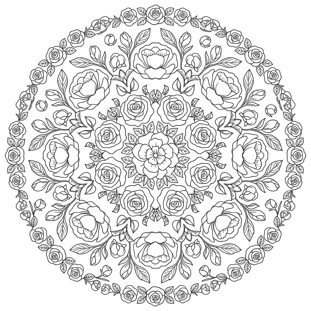 左右対称の薔薇とペチュニアを配した曼荼羅模様の大人向け塗り絵線画。純白背景に黒い線のみで描かれた印刷可能なコロリアージュ。