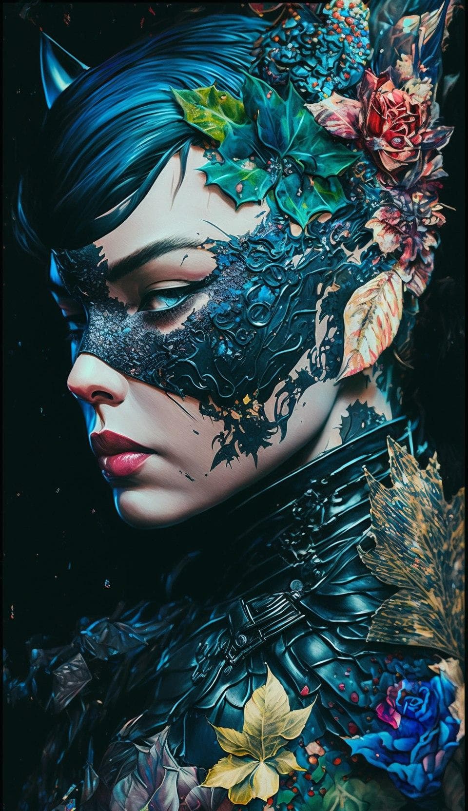 黒い仮面と猫耳をした青髪の女性、カラフルな花々、Midjourney AI生成画像