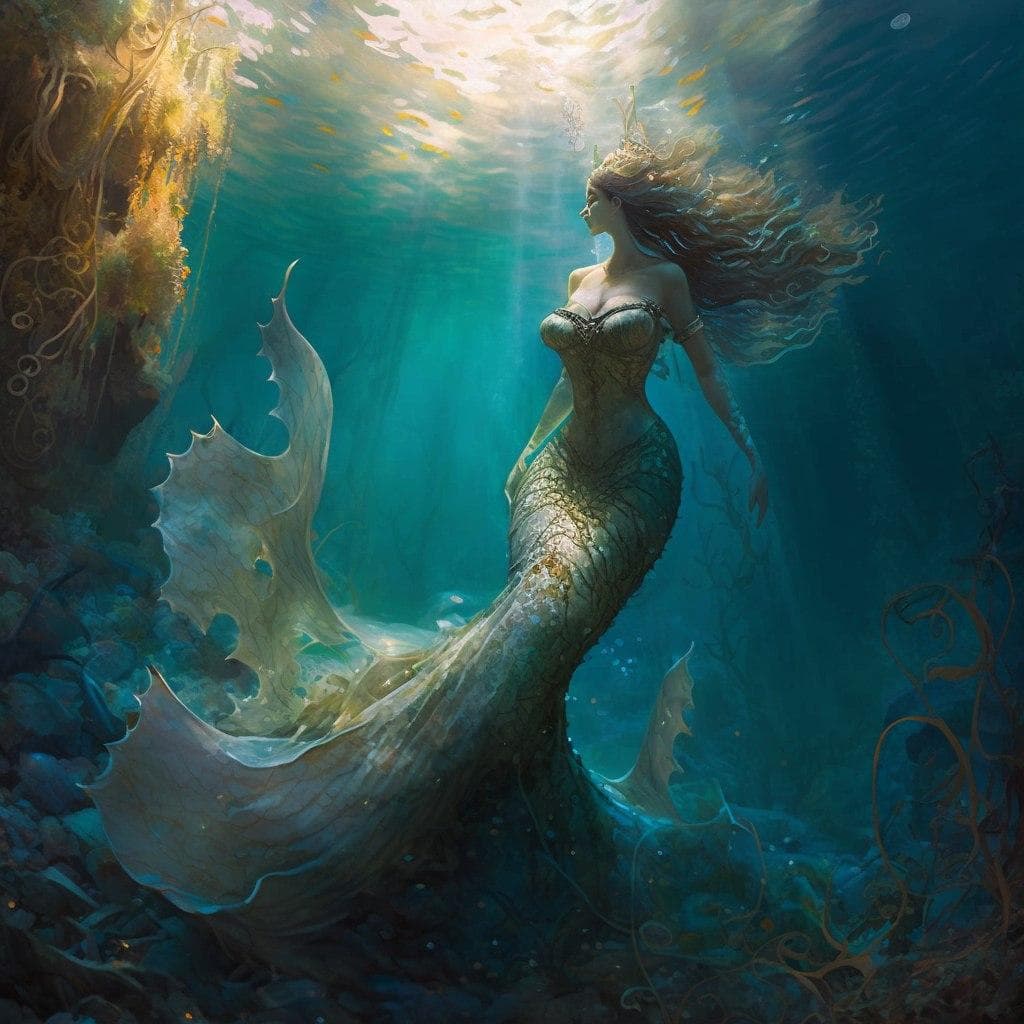 金銀髪の人魚姫、光沢ドレス - Midjourney ファンタジー