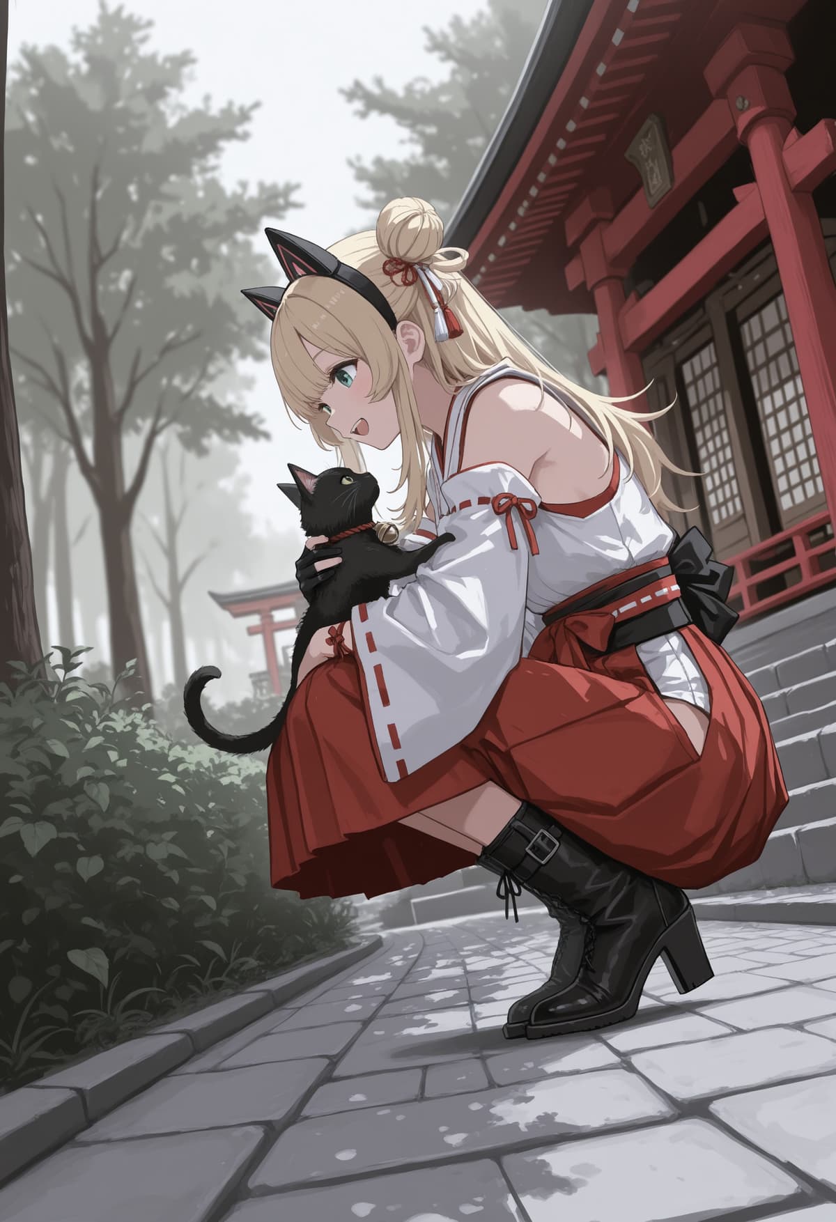 巫女コスプレで猫と遊ぶ女性の低アングルショット - Stable Diffusion AI生成画像