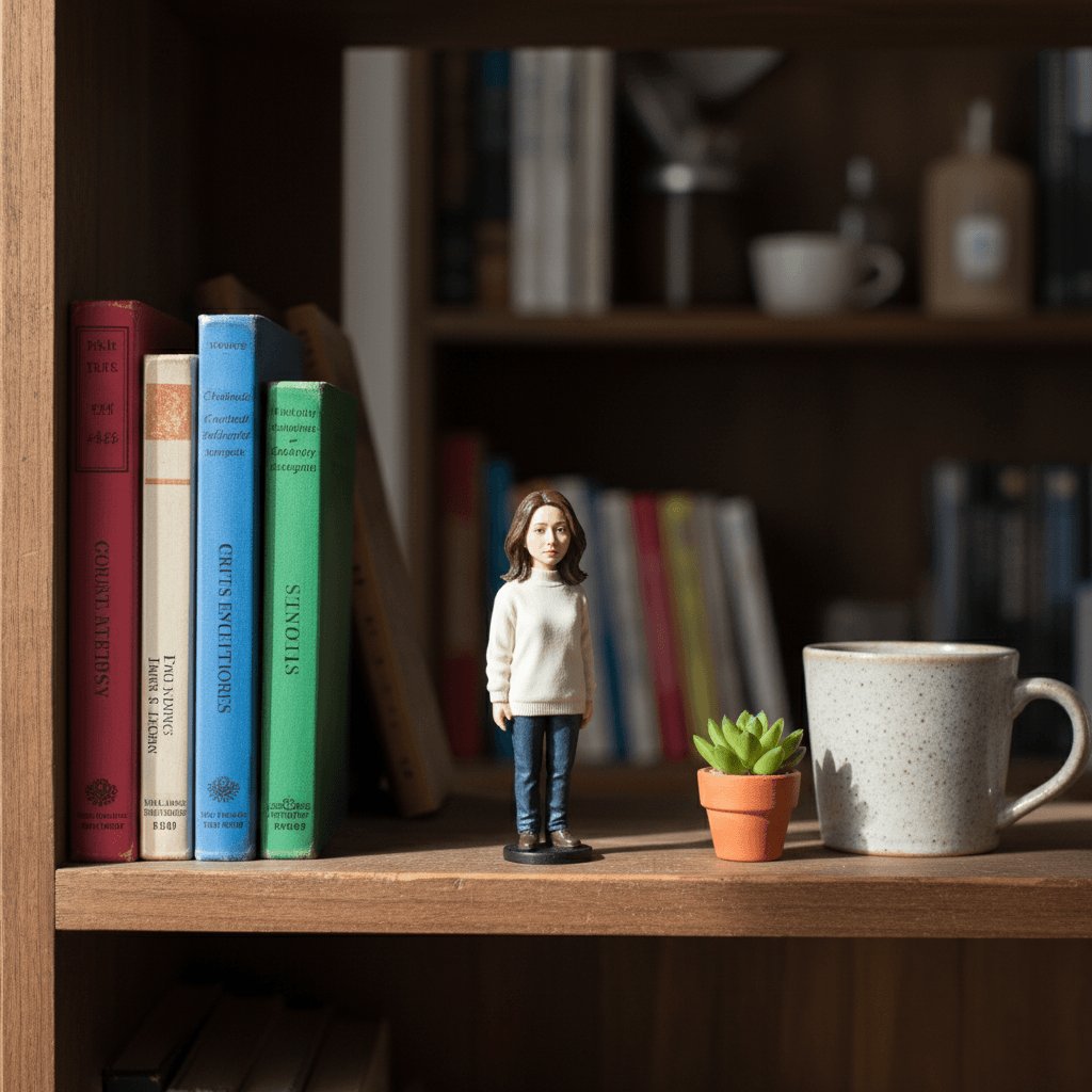 ミニチュア塗装フィギュア化された人物 - 本棚 - Nano Banana AI 生成画像