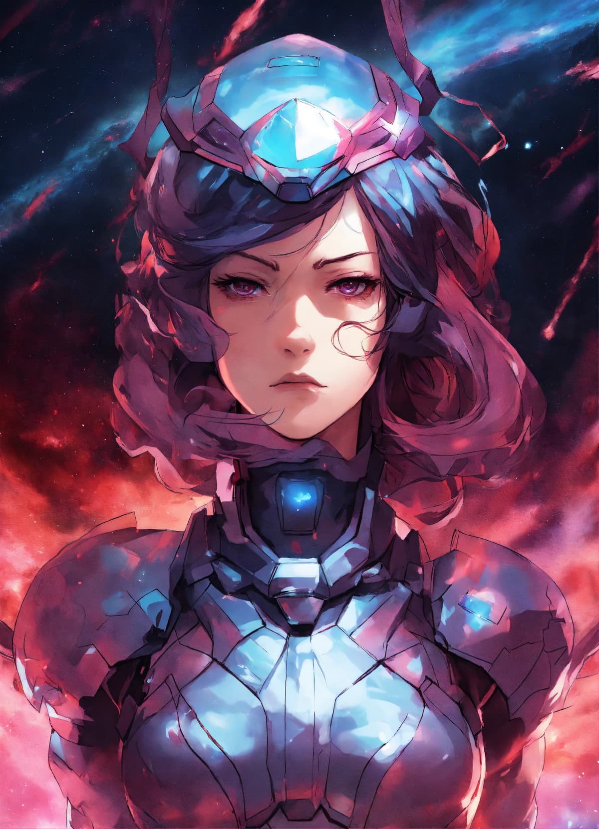 星雲甲冑を身につけた怒った女性、宙に浮く、星雲背景、2DマンガアニメスタイルStable Diffusion AI生成画像