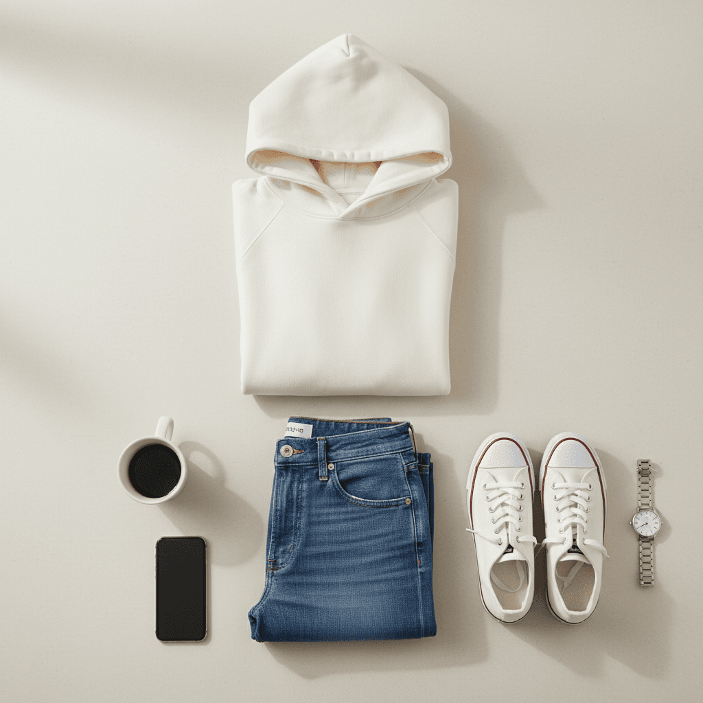 OOTD フラットレイ - 服装ノーリング配置 - Nano Banana AI 生成画像