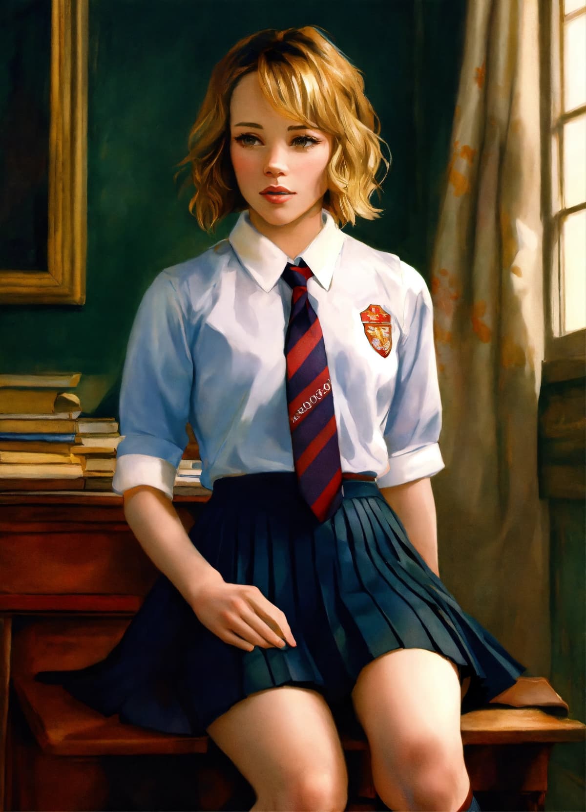 プリーツミニスカートと白靴下を着た学校制服姿のコスプレ女性、ポートレートStable Diffusion AI生成