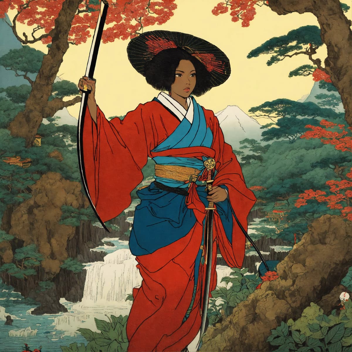 熱帯雨森背景で剣を持つ浮世絵風の黒人女性戦士 - Stable Diffusion AI生成画像