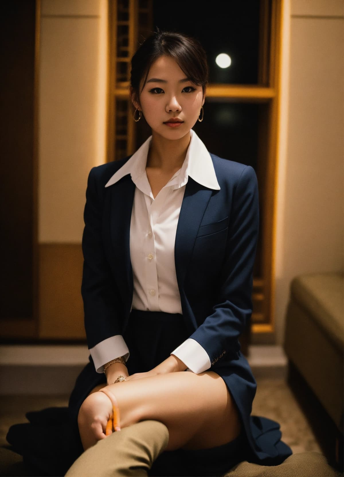 スタジオライティングで撮影した赤いカクテルドレスの女性。Stable Diffusion AI生成画像