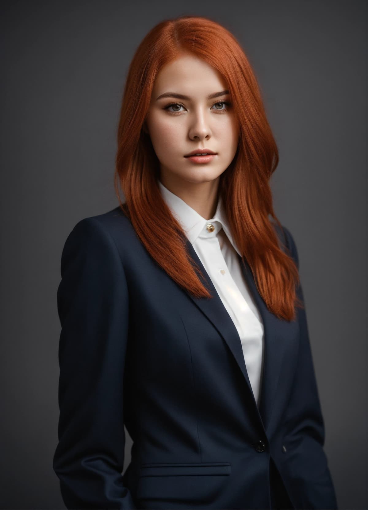 赤髪ロングヘアの28歳女性が正装スーツを着用し、スタジオライティングで撮影された写真的なポートレート。Stable Diffusion AI生成画像