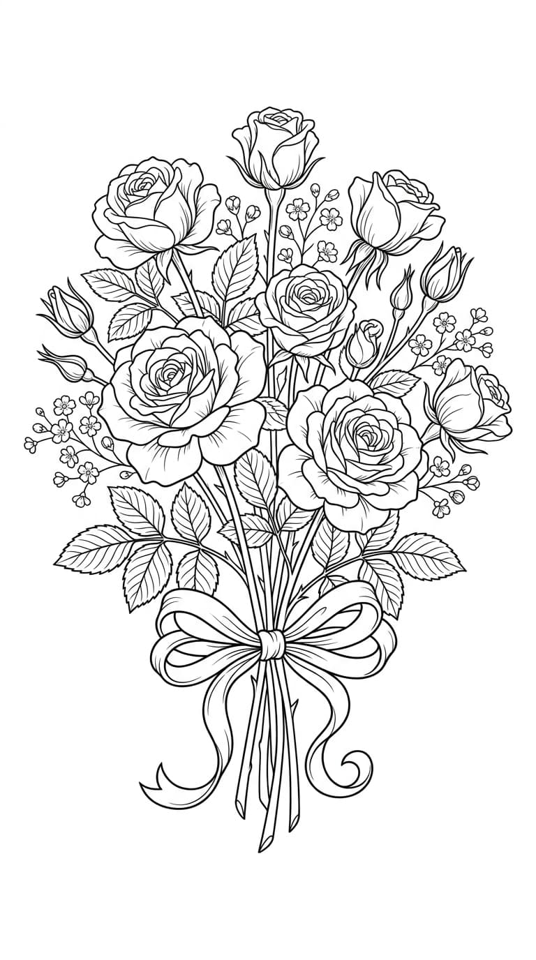 リボンで束ねた薔薇の花束を描いた大人向けビンテージボタニカル塗り絵線画。純白背景に黒線のみ。