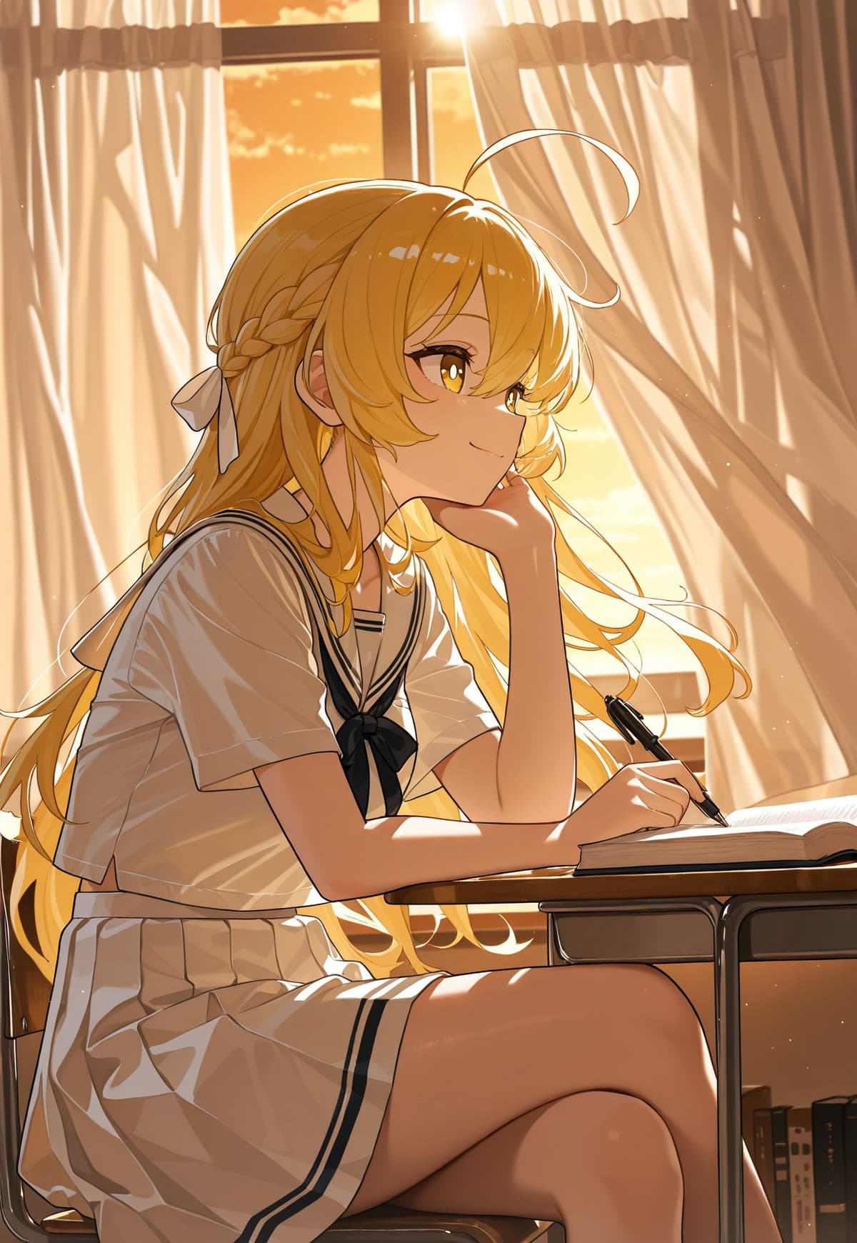 金髪の少女が窓辺で読書するセーラー服姿のシネマティックイラスト - Stable Diffusion AI生成画像