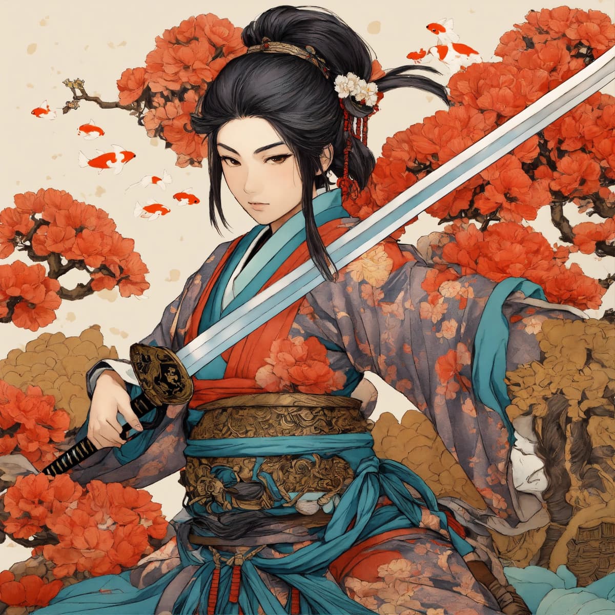 鯉の甲冑を着た剣を持つインド系サムライ女戦士 - Stable Diffusion AI生成画像