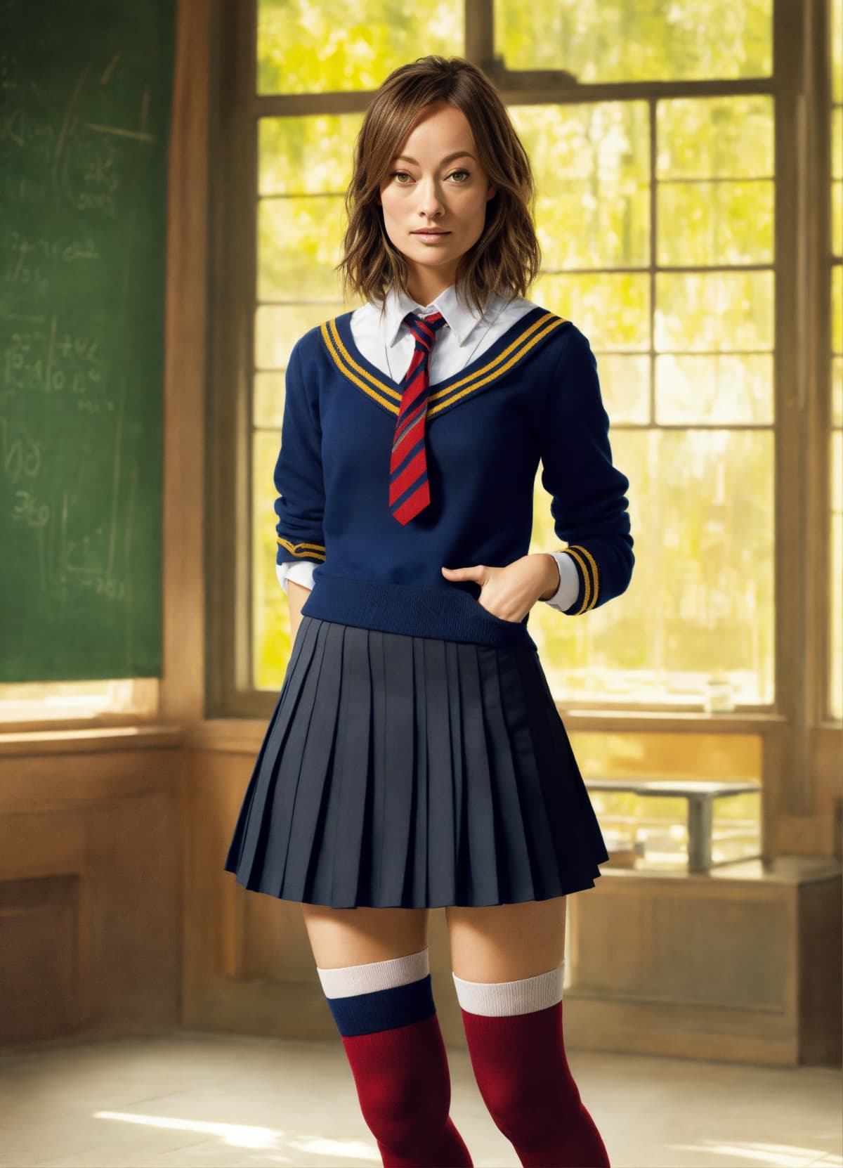 セーラー服プリーツスカートとオーバーニー靴下を着用した学生女性のコスプレ画像Stable Diffusion AI生成