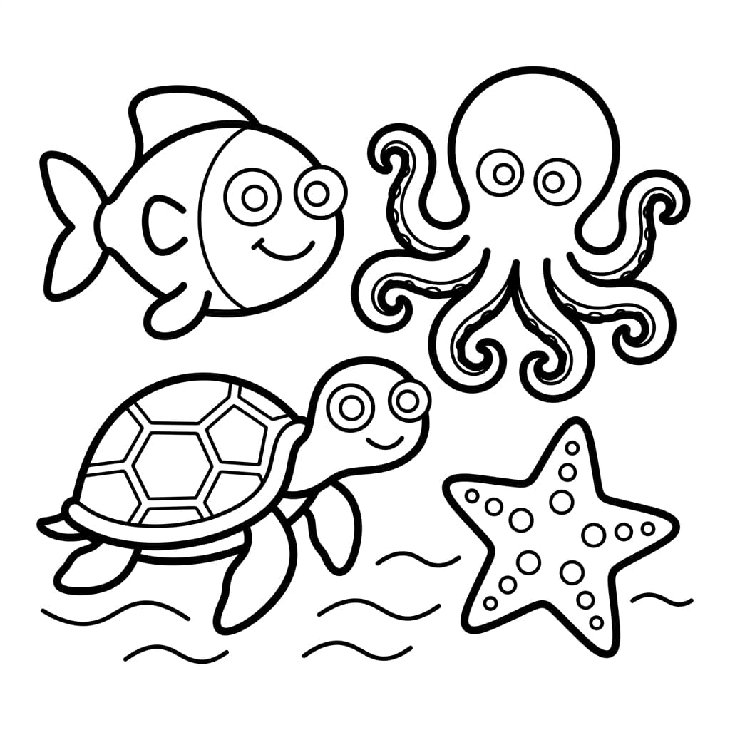 魚・タコ・カメ・ヒトデを描いた子供向け海の生き物塗り絵。太い線・純白背景、塗りやすい構図。