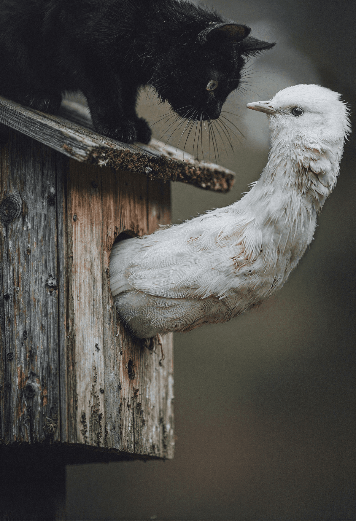巣箱の上で白い長首の鳥に驚く黒猫のユーモラスな場面 - Stable Diffusion AI生成画像