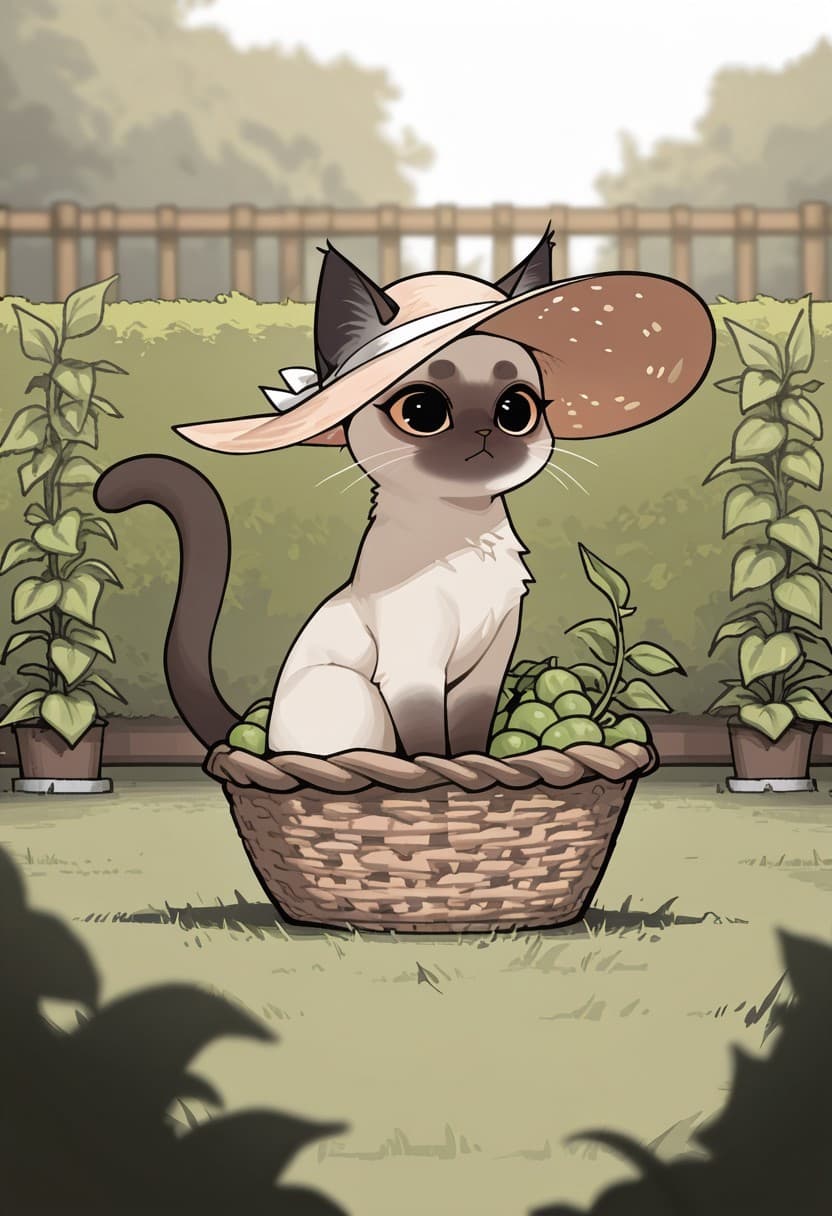 庭園で豌豆を摘む愛らしい猫のアニメ風水彩タッチイラスト - Stable Diffusion AI生成画像