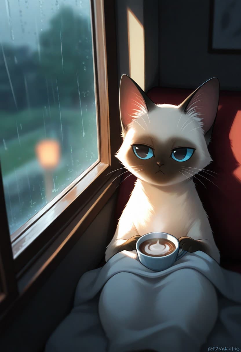 雨の窓辺でくつろぐ可愛いシャム猫のアニメ風イラスト - Stable Diffusion AI生成画像
