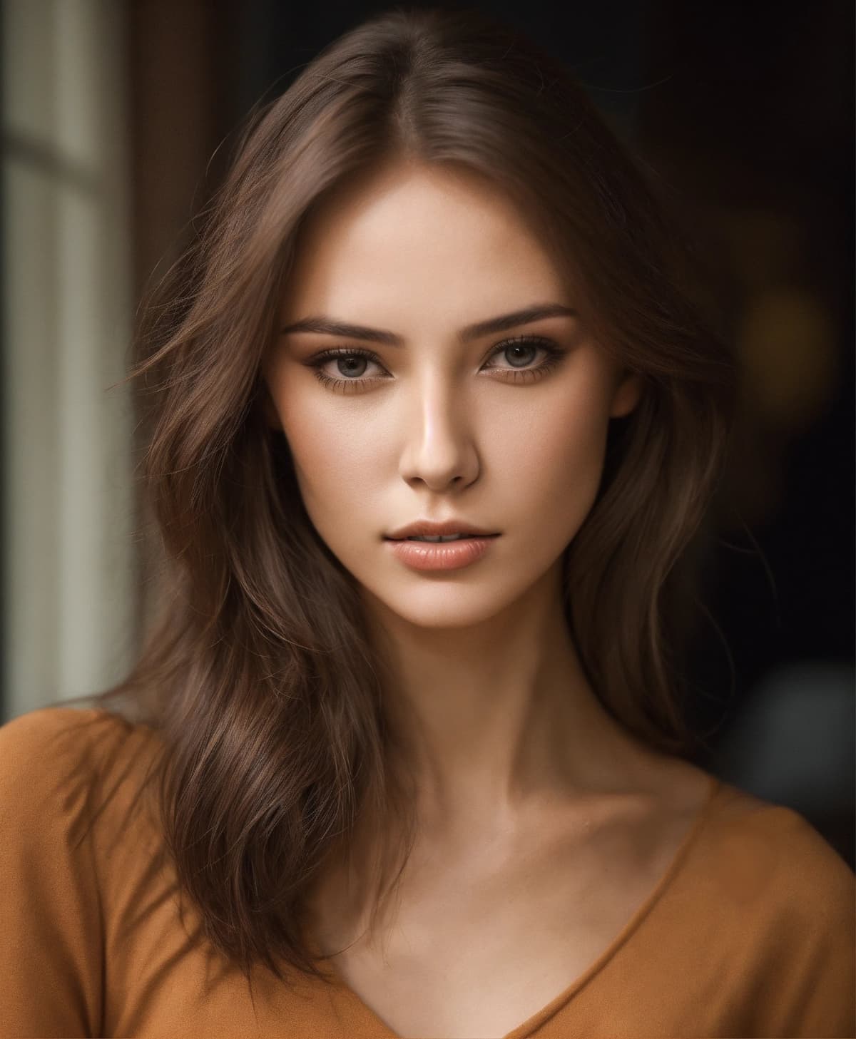 茶色の瞳とロングブラウンヘアを持つスレンダー体型の女性の全身ポートレート。高い頬骨が特徴的な顔立ち。Stable Diffusion AI生成画像