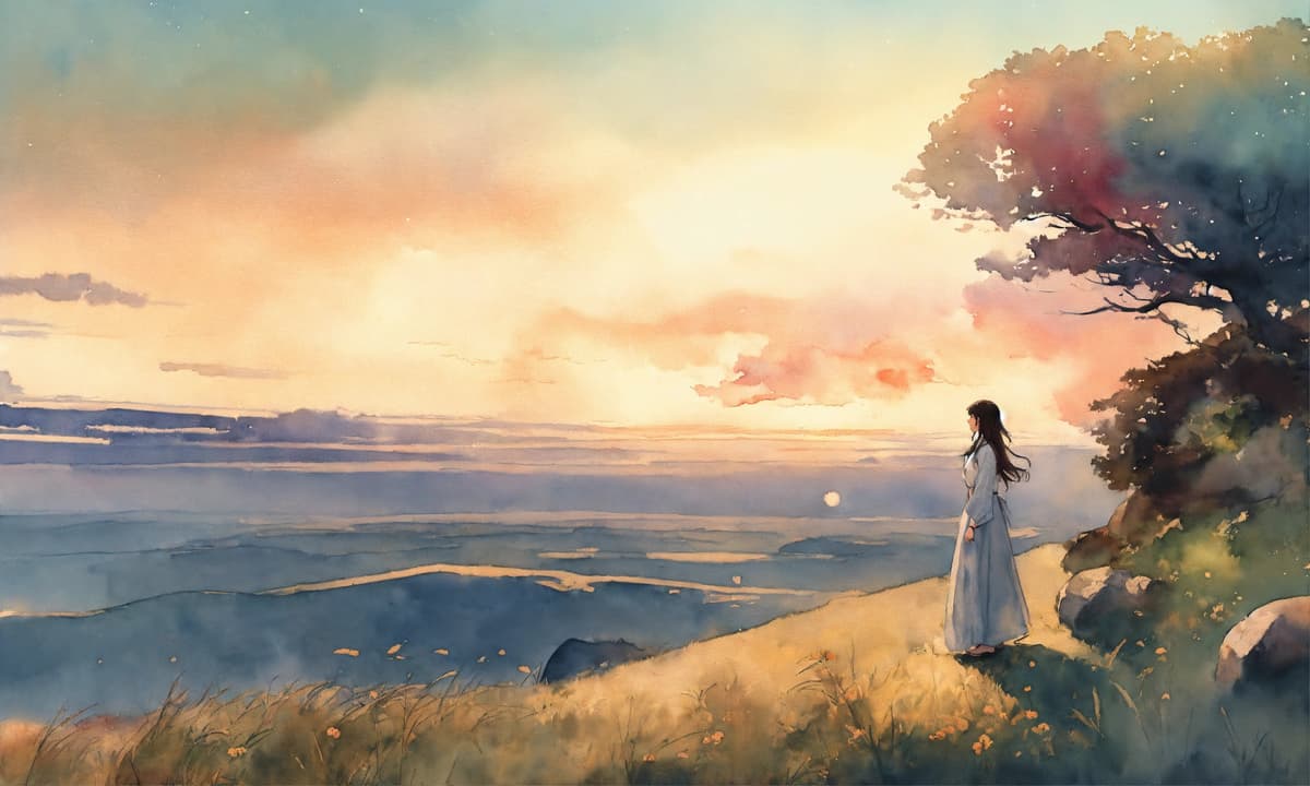 淡い水彩で描かれた小さな人物と魔法の風景
