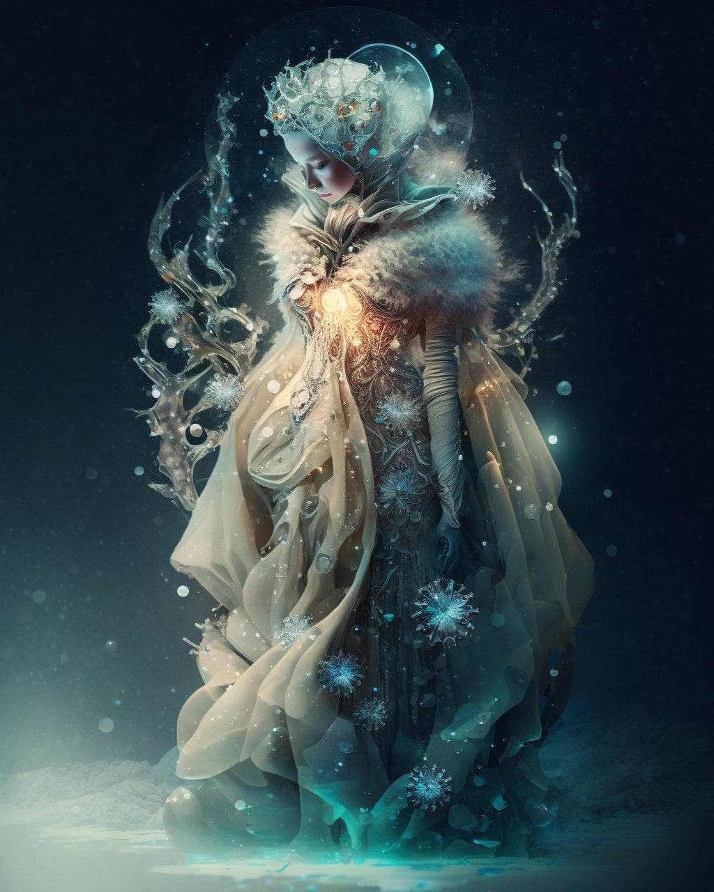 白と金のドレスを着た氷の女王が冬景色に佇む、雪の結晶の王冠、Midjourney AI生成画像