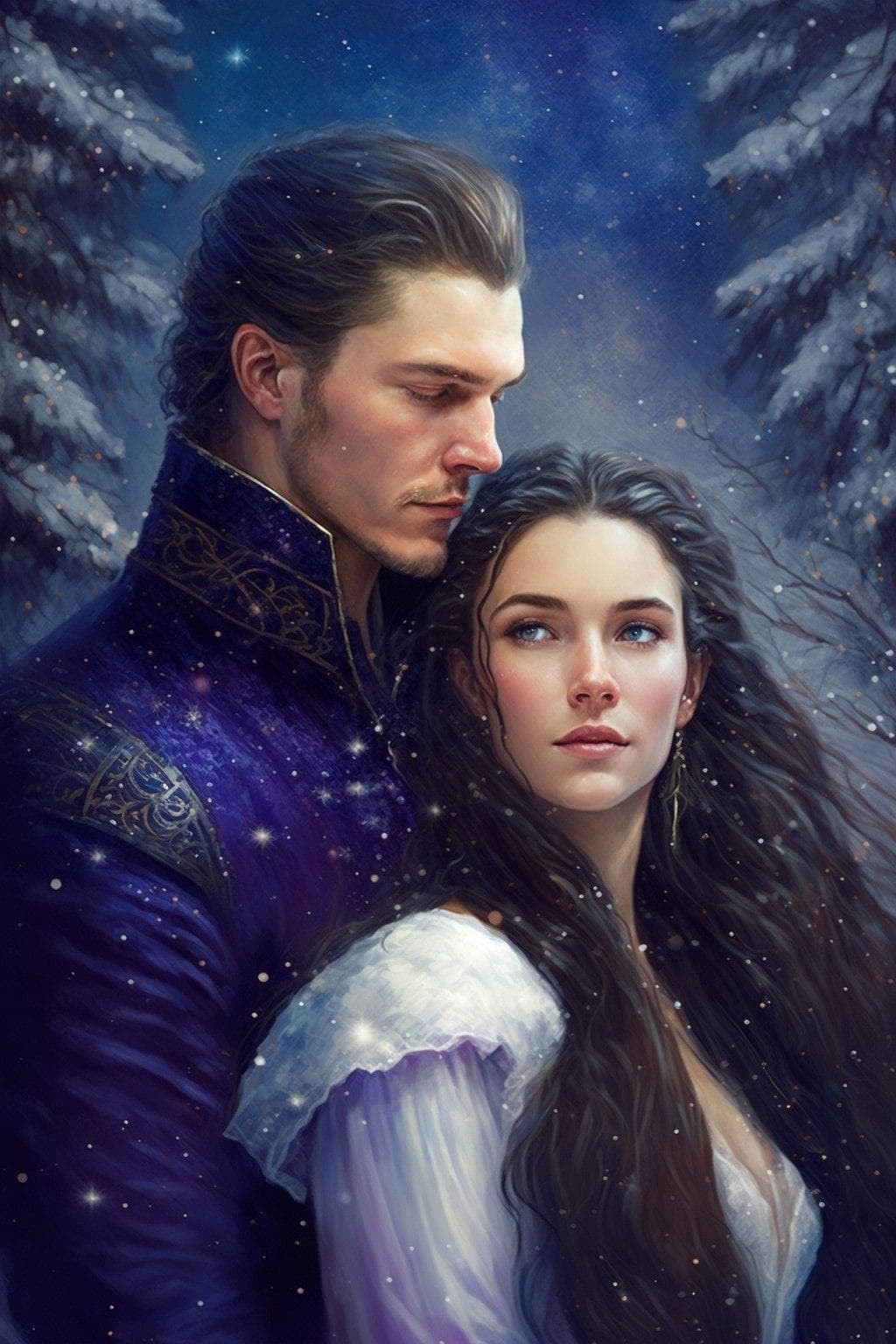 青いコートと白ドレスの恋人たち、雪の森で見つめ合う油絵風 - Midjourney AI生成画像