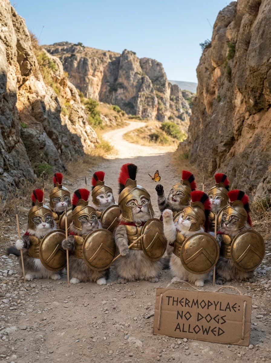 ギリシャ鎧で盾壁を組むスパルタ猫戦士たちのコミカルな場面 - Stable Diffusion AI生成画像