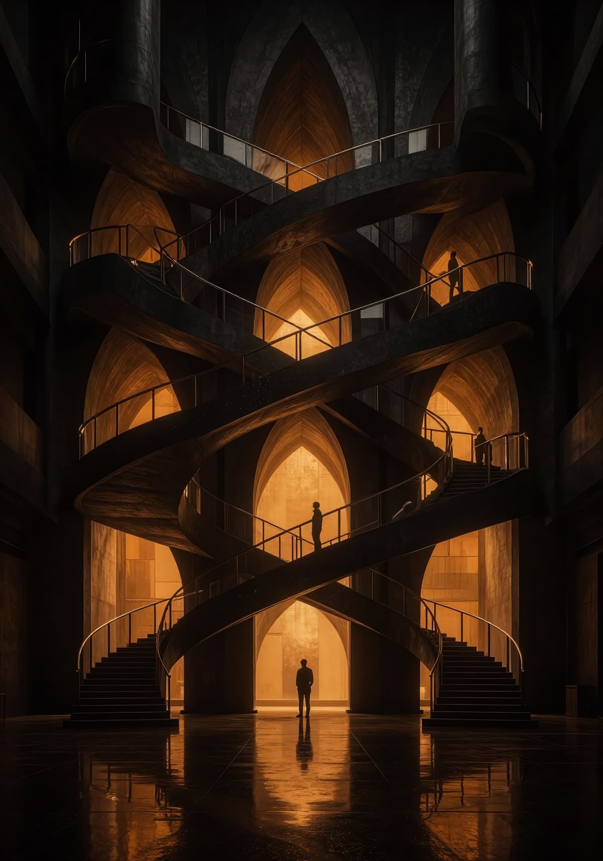 暗い建築空間に積み重なった螺旋階段の劇的な構図 - Stable Diffusion AI生成画像
