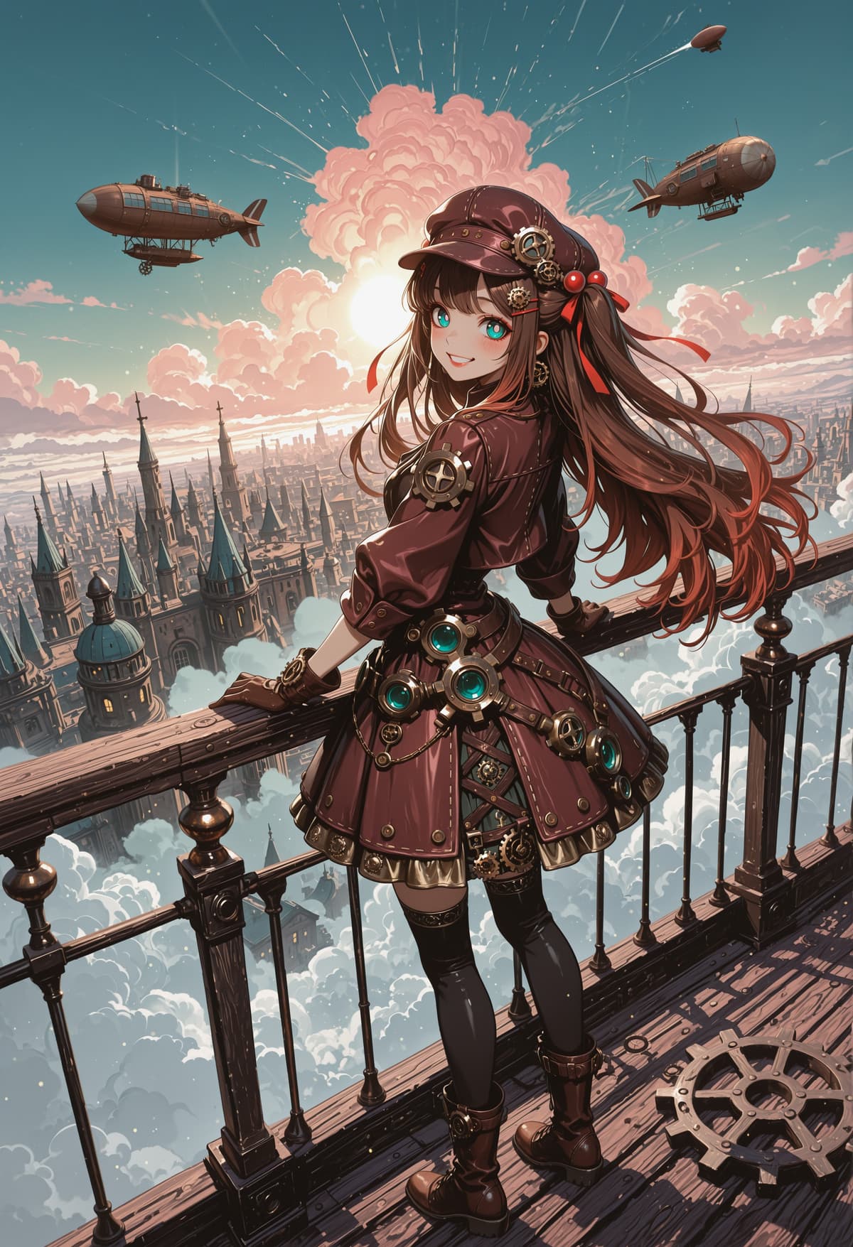 スチームパンク衣装の茶髪女性と飛行艇背景 - Stable Diffusion AI生成画像