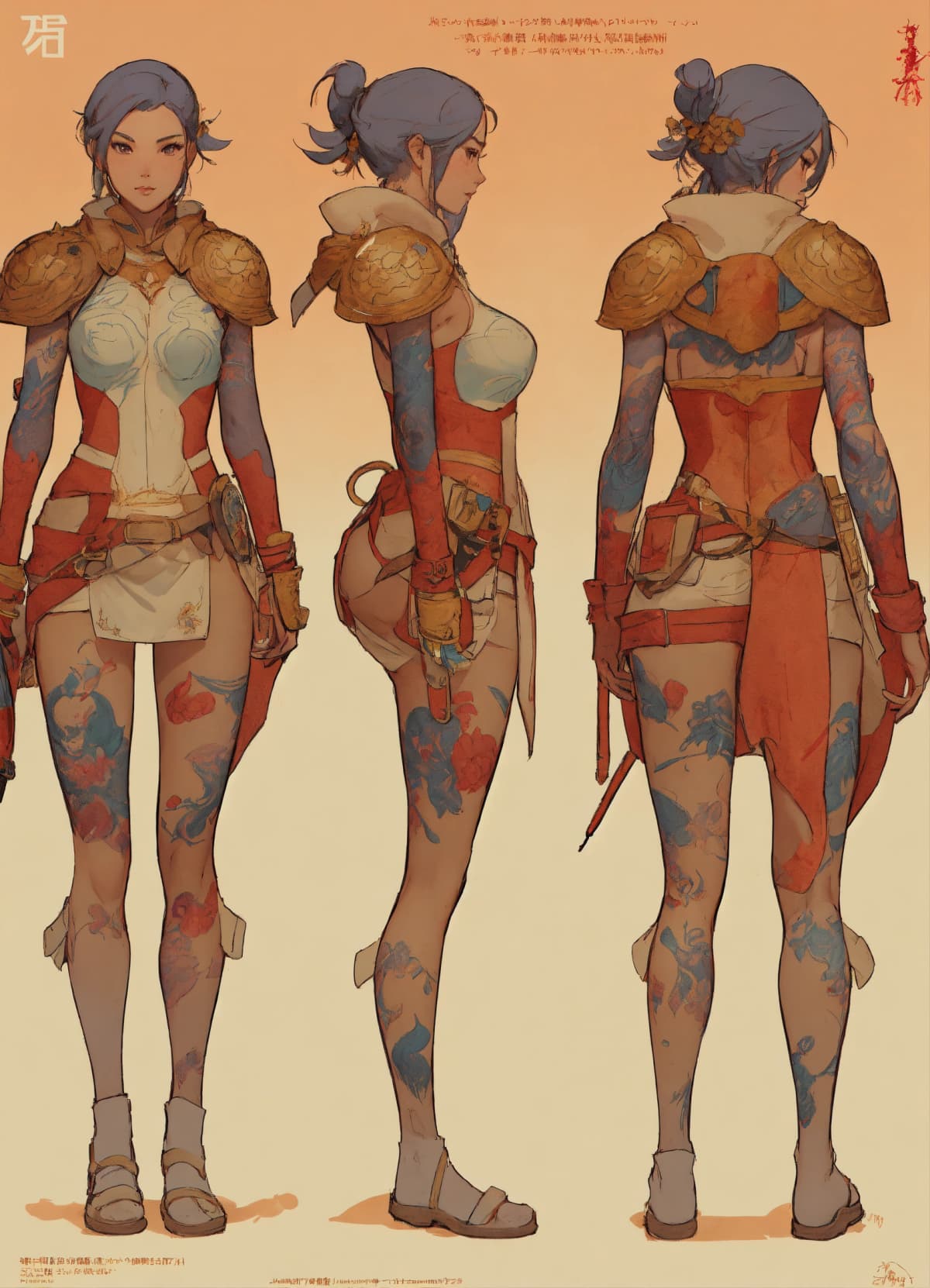 背中のタトゥーを持つ女性戦士、キャラクターシート、複数視点のデザイン参考Stable Diffusion AI生成画像