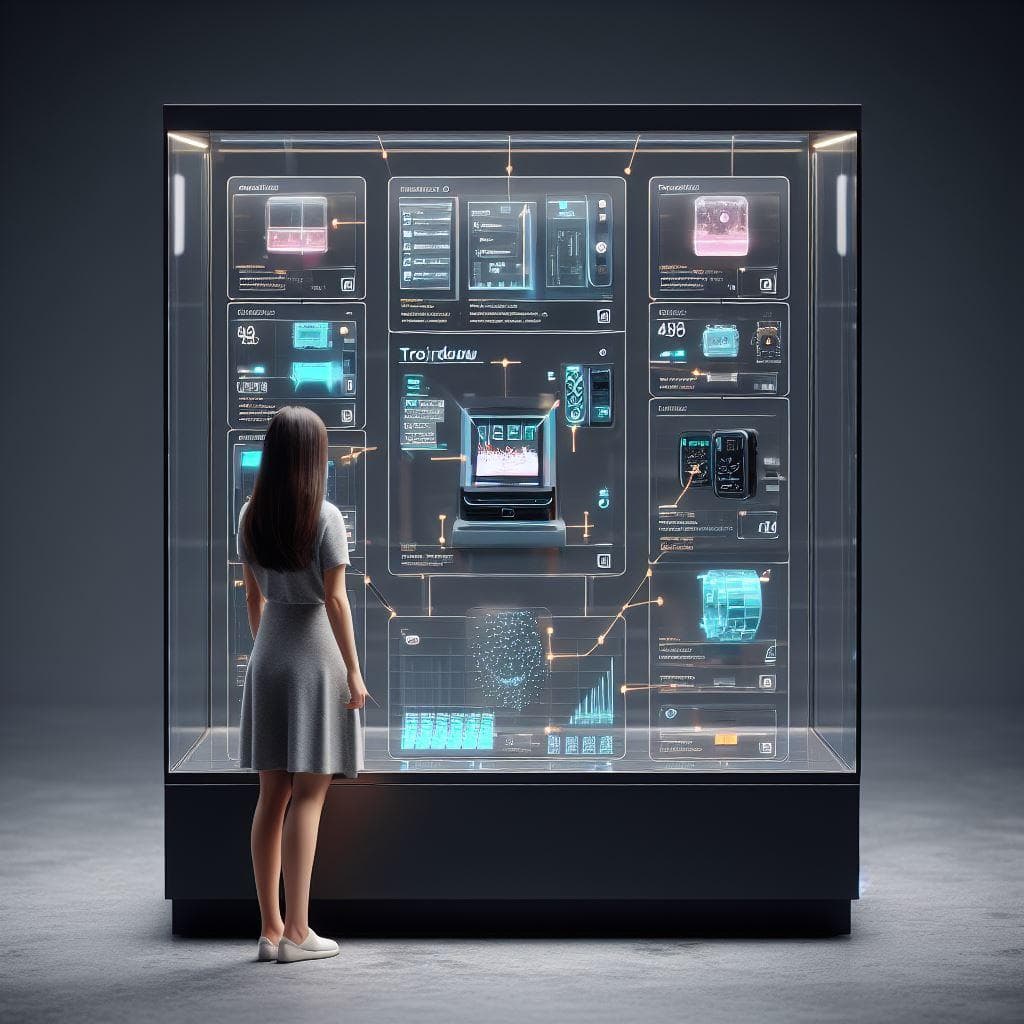 透視ディスプレイの中の女性。OLED GUIインターフェース DALL-E 3 AI 生成画像