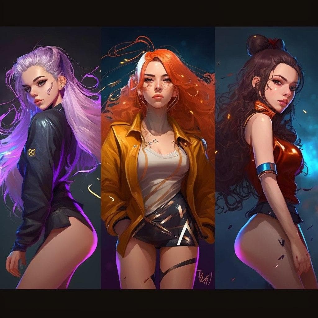マルチカラーヘアの女性 3 人パネル表現 - Midjourney