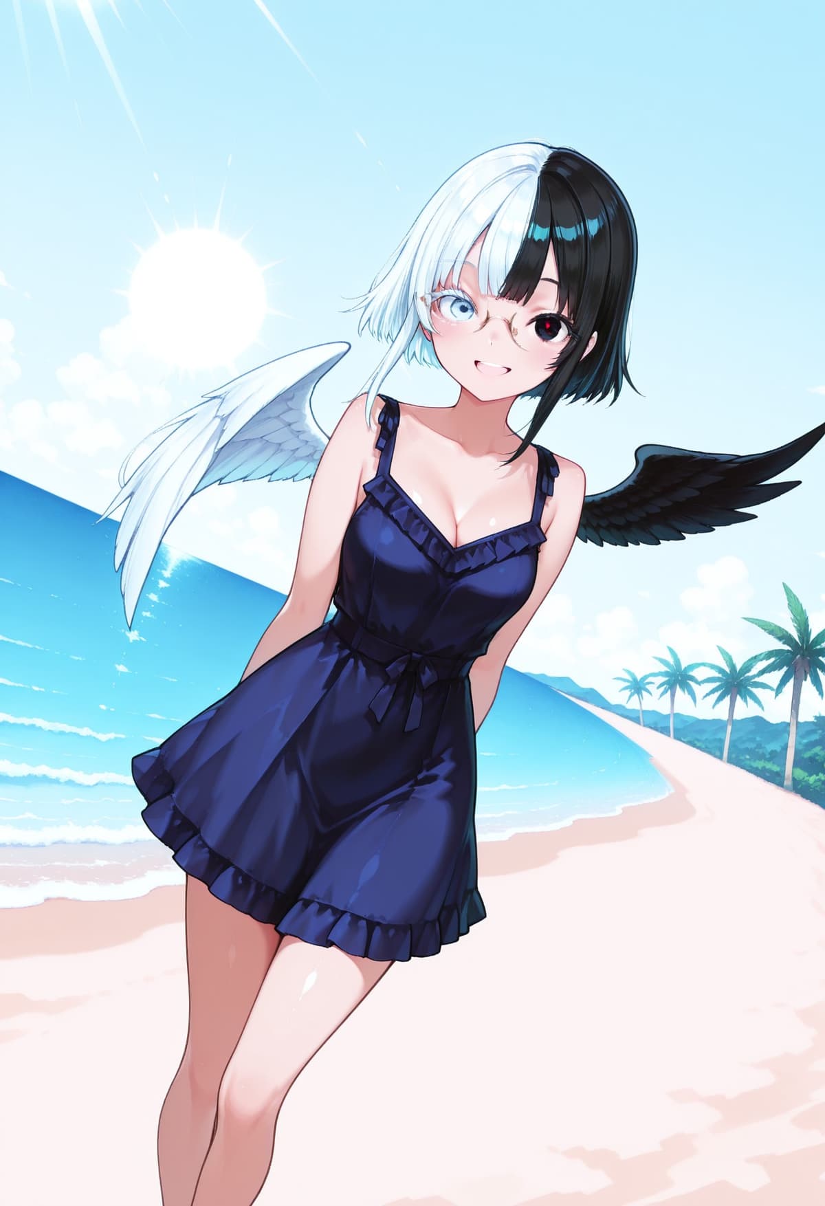 白黒に分かれた髪と左右非対称の翼を持つアニメ少女 - Stable Diffusion AI生成画像