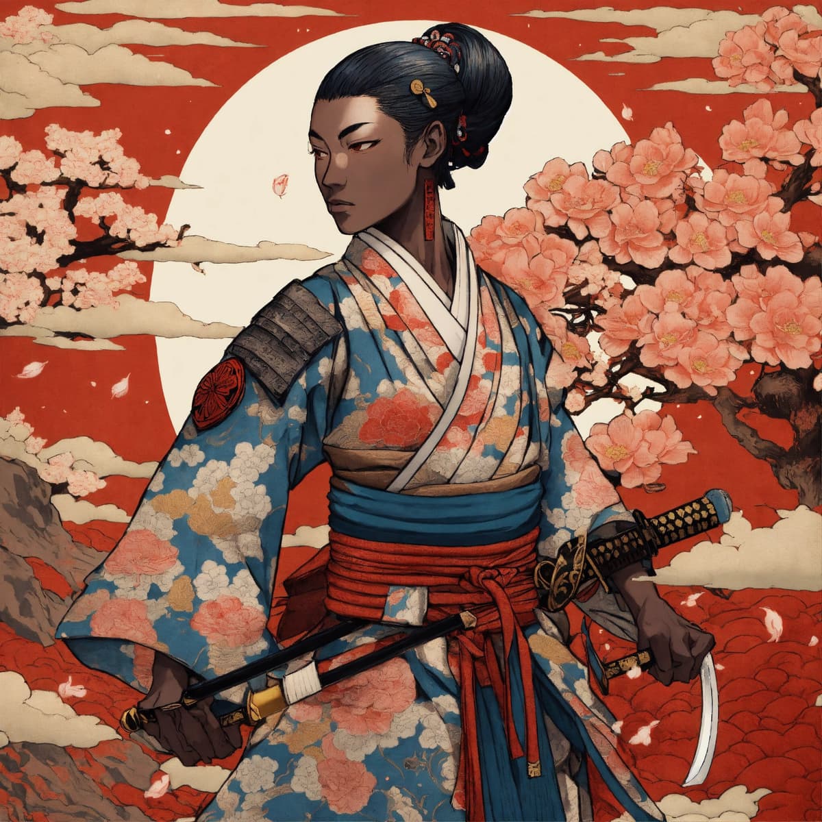 浮世絵スタイルの甲冑を着た剣を持つ黒人女性サムライ戦士 - Stable Diffusion AI生成画像