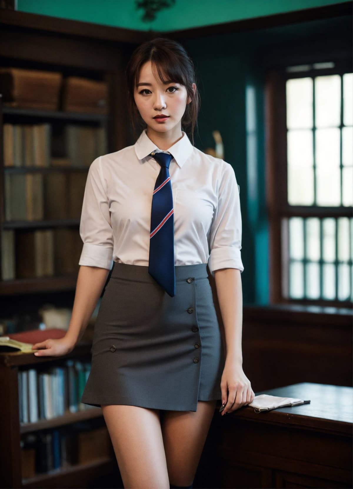 ネクタイが解かれたタイトな学校制服、セクシーな女性ポートレート、ダークアカデミアスタイルStable Diffusion AI生成画像