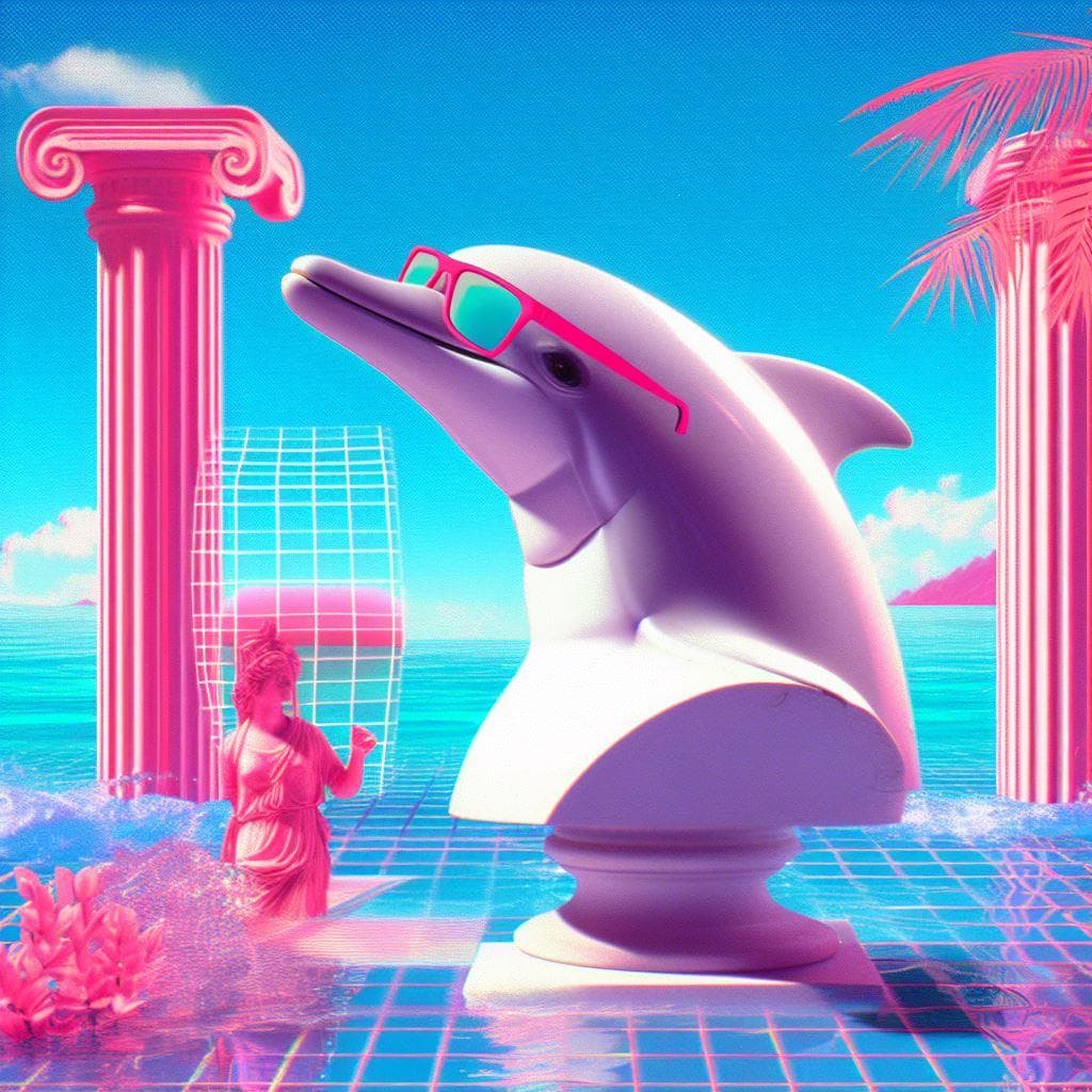 ギリシャ彫像とイルカのレトロ3DCGアート。80年代ポップカルチャー DALL-E 3 AI 生成画像