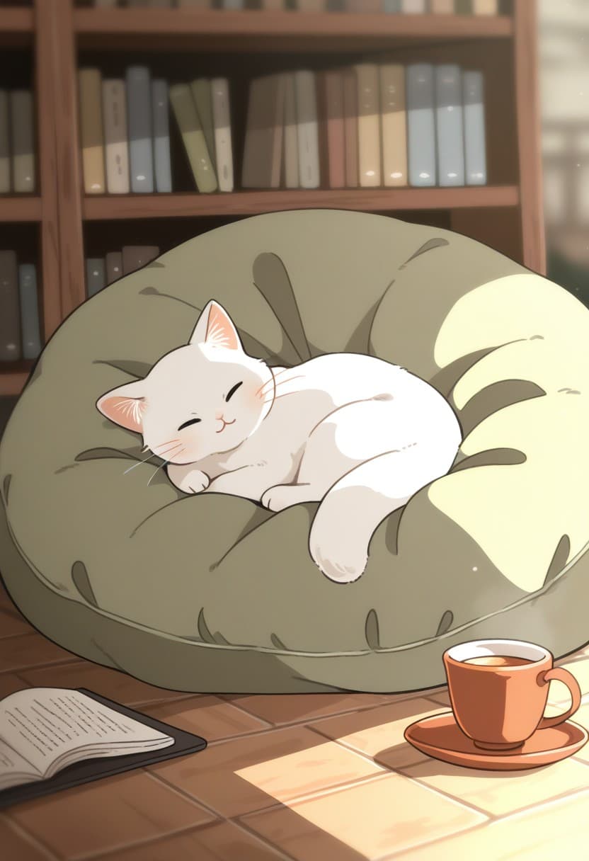 雨の日に快適なコーナーで読書する白猫の癒しアニメイラスト - Stable Diffusion AI生成画像