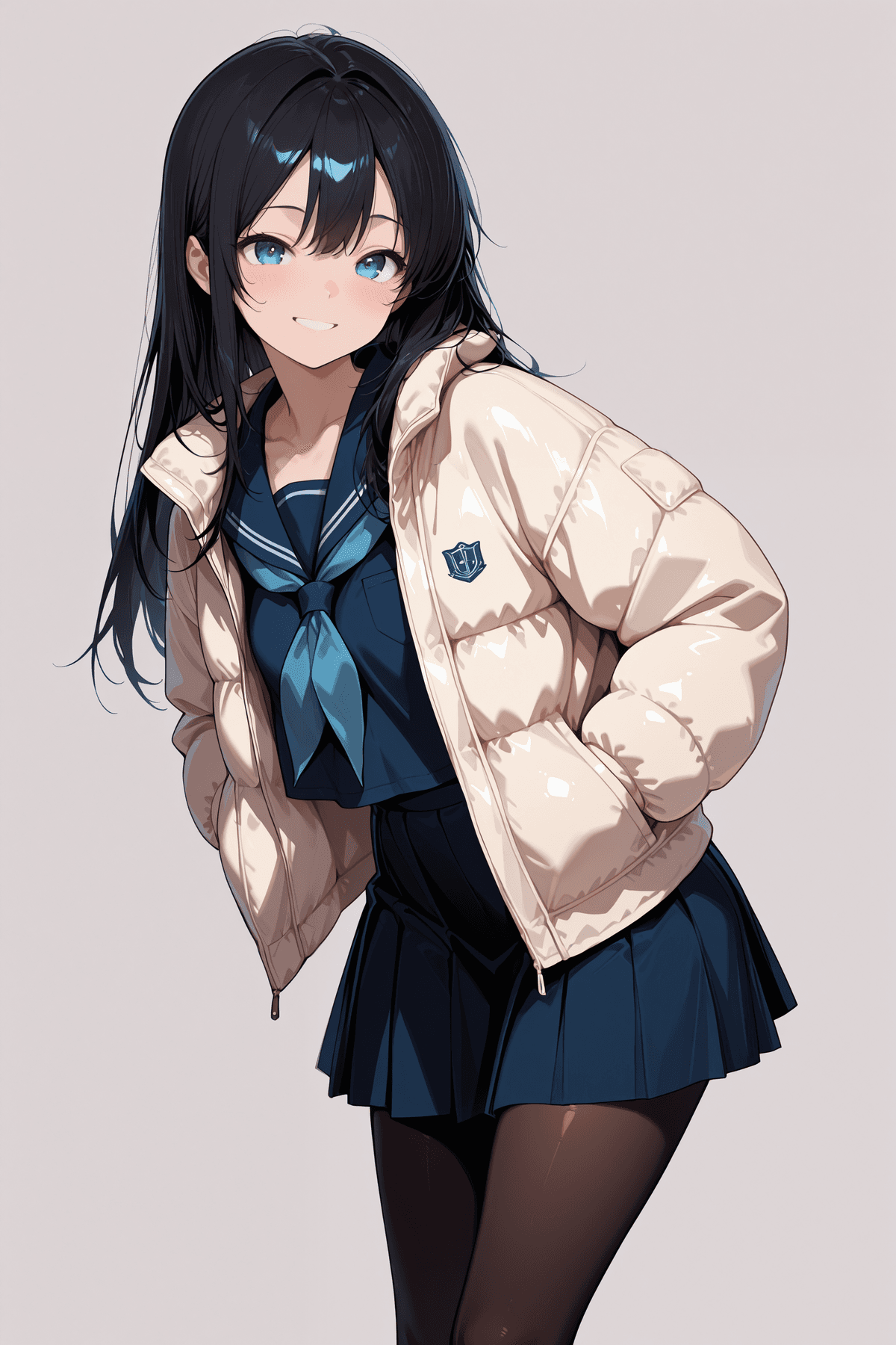 白ダウンジャケットと青セーラー服を重ね着した冬の少女 - Stable Diffusion AI生成画像
