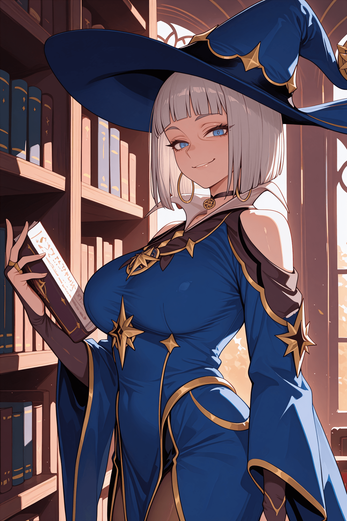 グレーボブカットと黒いドレスの魔女が書斎に佇むアニメイラスト - Stable Diffusion AI生成画像