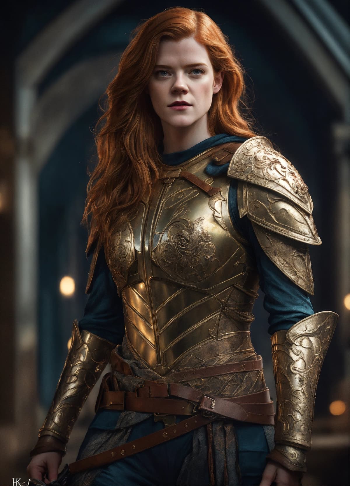 ウィッチブレード甲冑を着た金髪の女性戦士、タイトなボディスーツ、ファンタジー衣装のポートレートStable Diffusion AI生成