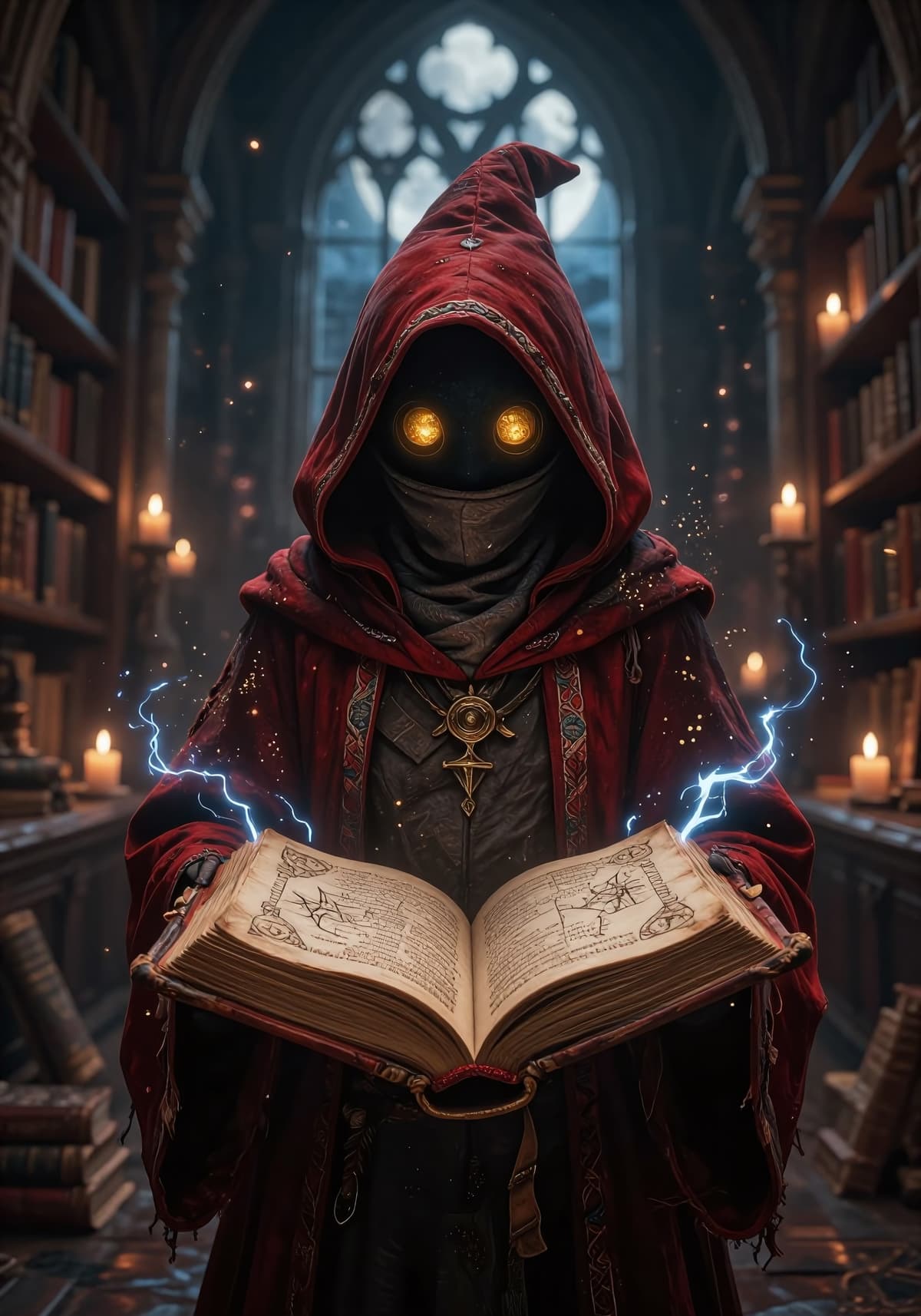 金色に光る目のフードの魔法使いが古代図書館で魔法書を開く場面 - Stable Diffusion AI生成画像